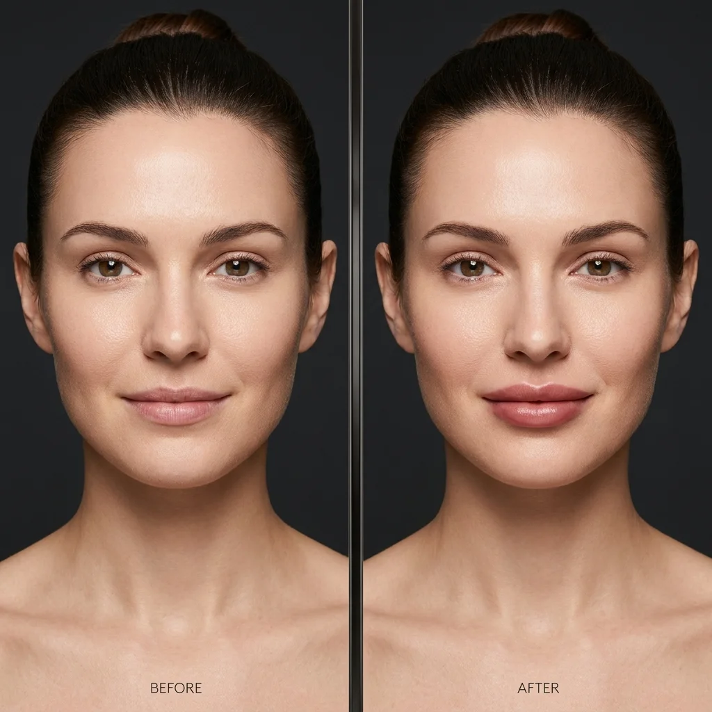 Mockup virtual de preenchedores: antes e depois de preenchimento labial simulado por IA